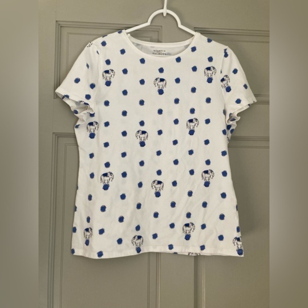 Talbots Womens Multicolor Top Size L Elephants Blue Polka Dot Round Neck Soft